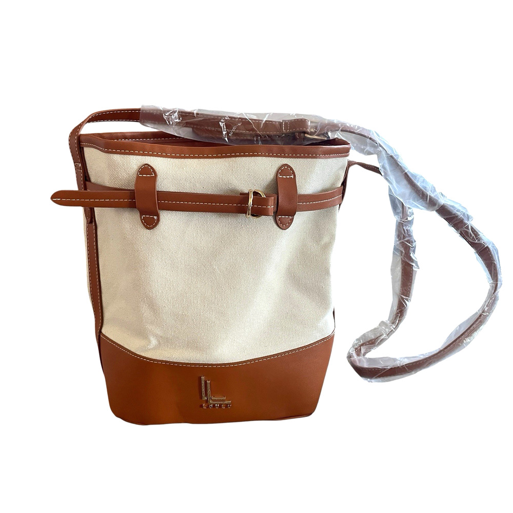 LOULU Caramel Brown Vegan Faux Leather Cream Canvas Beach Tote Travel Bag NEW